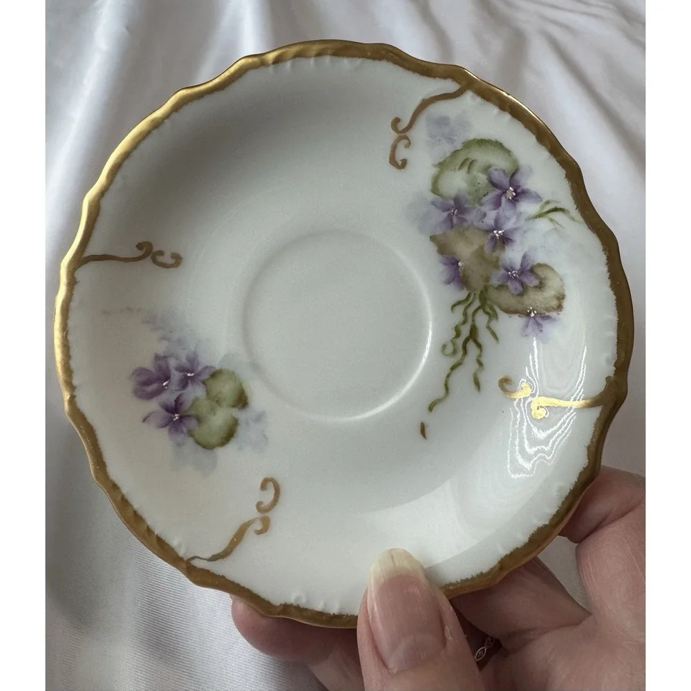 1954 Antique Signed Hand Painted Saucer Plate Floral Gold Tone‎ Rim